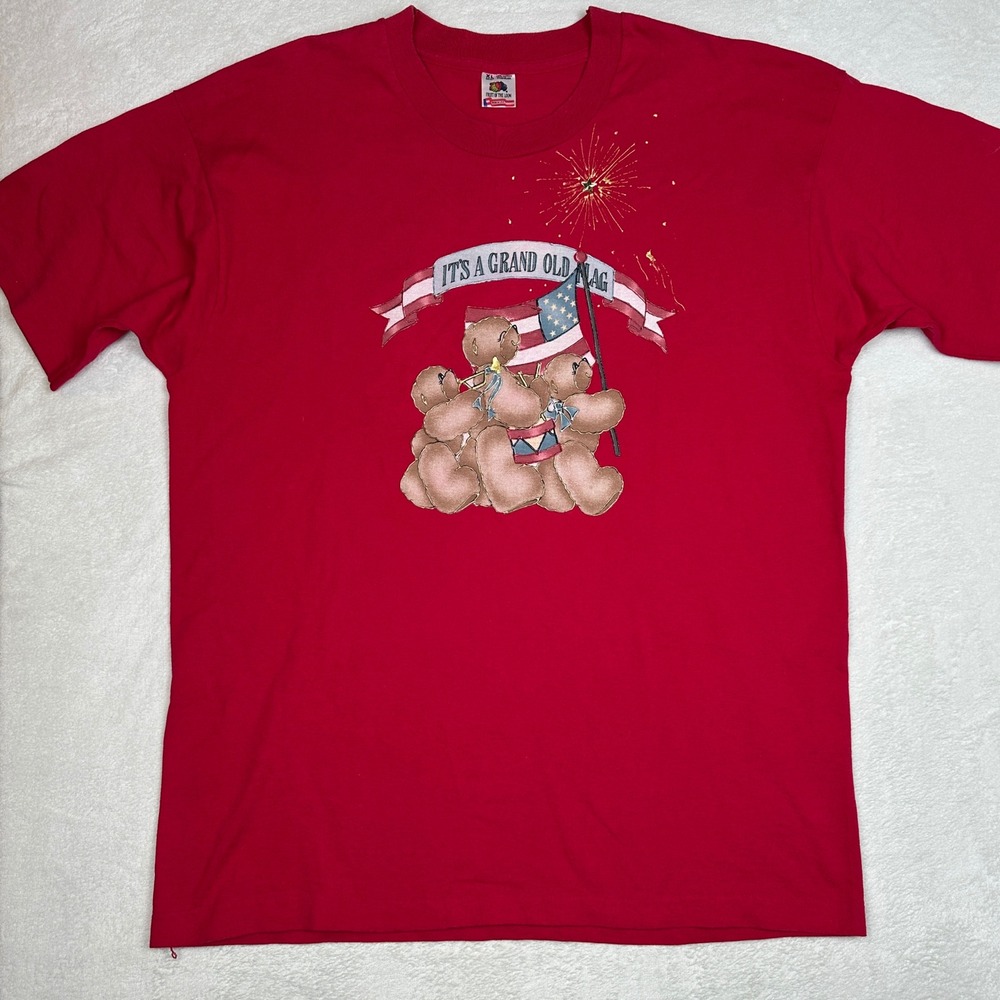 Vintage Fruit of the Loom Red Patriotic Teddy Bear Graphic Tee XL USA Made 90s